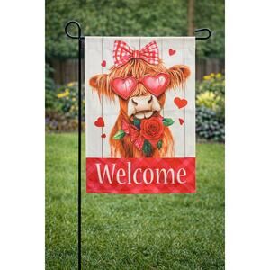 Highland Cow Garden Flag 12x18 Welcome Yard Decor Hearts Rose Farmhouse